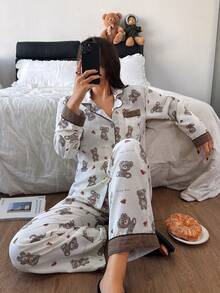 Dream Adore Brown Bear Heart Print Contrast Color Trim Cardigan & Pants Cute Casual Pajama Set For Women Valentine's Day Teddy Bear Pajama Set - Apricot - View 6