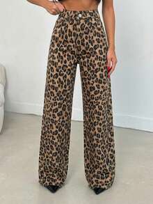 SHEIN PETITE 100% Cotton MID RISE WIDEEG CUT LEOPARD PETITE JEAN - Multicolor - View 3