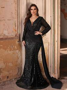 Große Größen elegantes luxuriöses schwarzes Pailletten- & Satin-Patchwork-Kleid mit tiefem V-Ausschnitt, geraffter Passform und Fischschwanzsaum, geeignet für Abendpartys, Dates, Bälle, Urlaub, Hochzeiten, formelle Anlässe (stark verziert), Valentinstag - Schwarz - Übersicht 5