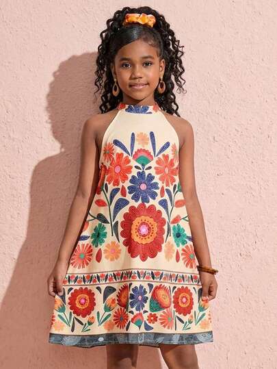 Travachic KIDS Travachic KIDS Váy chữ A không tay cổ đứng in họa tiết hoa nhiệt đới nhiều màu cho bé gái tuổi teen mùa hè