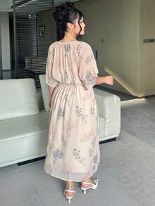 Dazy Plus Floral Print Elastic Waist Chiffon Maxi Dress, Elegant Vacation Style, Plus Size For Women, Spring/Summer