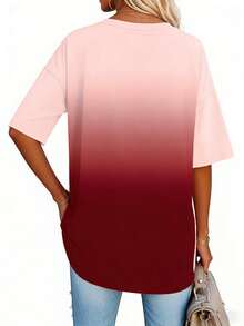 EMERY ROSE Plus Size Butterfly Print V Neck T-Shirt Multicolor Knitted Fabric Short Sleeve Drop Shoulder Casual Style Regular Length Top - Multicolor - View 2