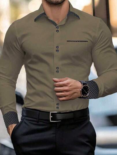 Manfinity Mode Men's Casual Regular Shoulder Minimalist Front Button Long Sleeve Shirt