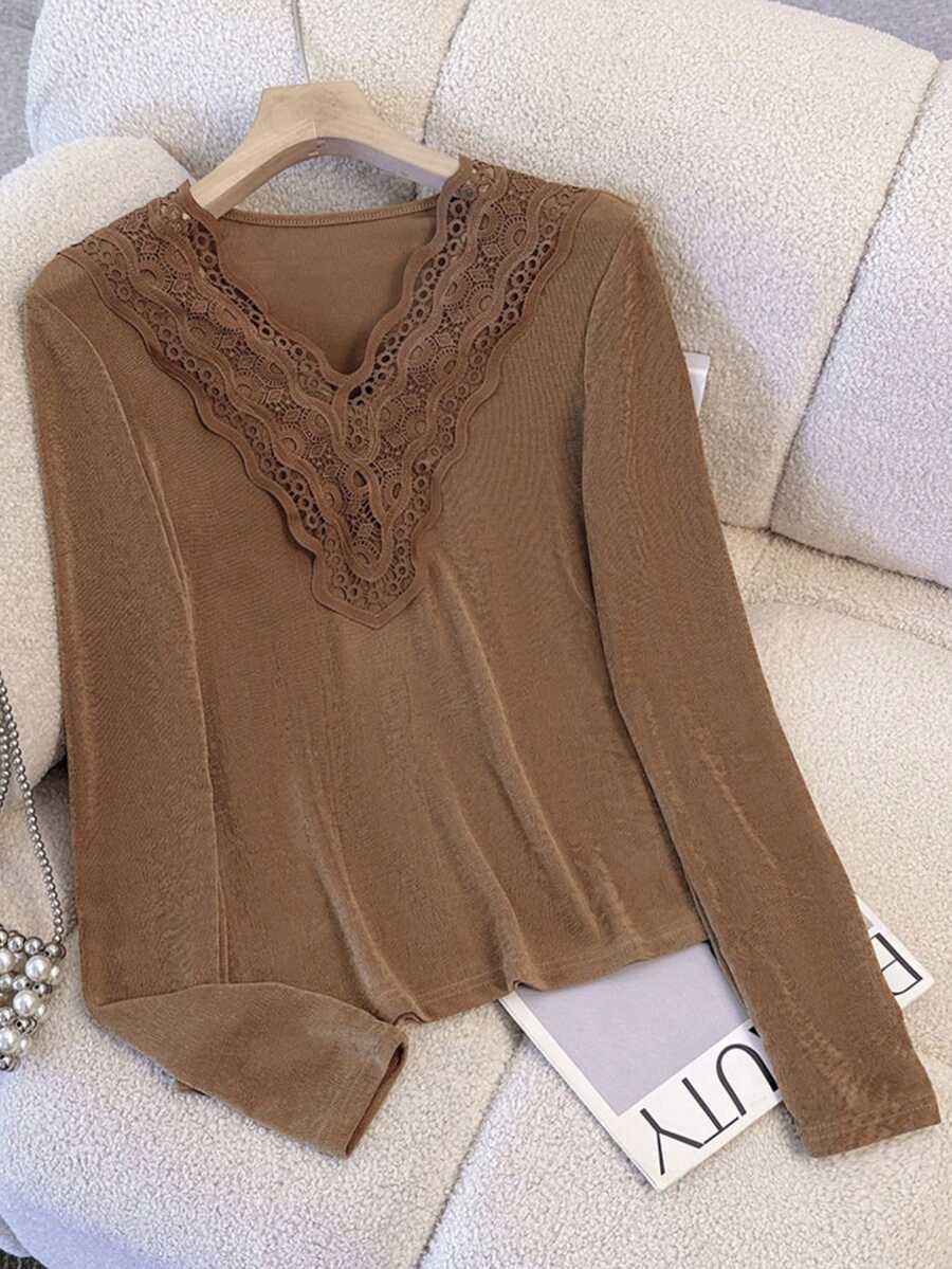 Franclia Women's Lace Collar Layering Long Sleeve T-Shirt - Coffee Brown - View 1