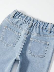 SHEIN Quần jean ống đứng dáng rộng màu xanh nhạt họa tiết động vật dễ thương dành cho bé gái mới biết đi, phù hợp mặc hàng ngày và mùa tựu trường - Rửa nhẹ - Xem 4