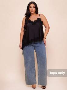 SHEIN BAE Plus Size Women Lace Satin Blouse, Suitable For Dates And Parties,Women's Sexy Satin Solid Color Contrast Lace Asymmetric Hem Cami Black Top,Sexy Top,Halloween Costume,Party,,Vacation Dress,Elegant Top,Sexy Dress,Top For Ladies,Formal Top Plus Size,Curves Women Clothing,Wedding Guest Top ,Summer,Elegant Top For Party,Graduation ,Vacation,Birthday Party Top,Valentine's Day,Valentine Outfits For Women - Black - View 2