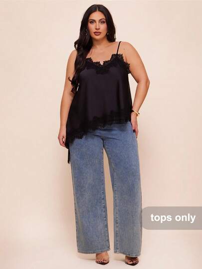 SHEIN BAE Plus Size Women Lace Satin Blouse, Suitable For Dates And Parties,Women's Sexy Satin Solid Color Contrast Lace Asymmetric Hem Cami Black Top,Sexy Top,Halloween Costume,Party,,Vacation Dress,Elegant Top,Sexy Dress,Top For Ladies,Formal Top Plus Size,Curves Women Clothing,Wedding Guest Top ,Summer,Elegant Top For Party,Graduation ,Vacation,Birthday Party Top,Valentine's Day,Valentine Outfits For Women