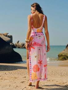 Swim Oasis Elegant Beach Vacation Shell & Starfish Pattern Swimsuit Coverup & Skirt Set - Multicolor - View 2
