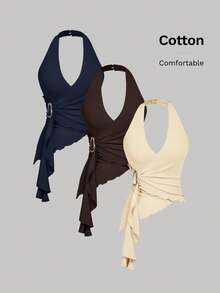 SHEIN MOD 3 món đồ thường ngày: Áo tank top ôm sát người, vạt bất đối xứng, khóa kim loại, màu trắng, kiểu yếm, áo trắng thanh lịch dành cho nữ. - Màu xanh hải quân - Xem 1