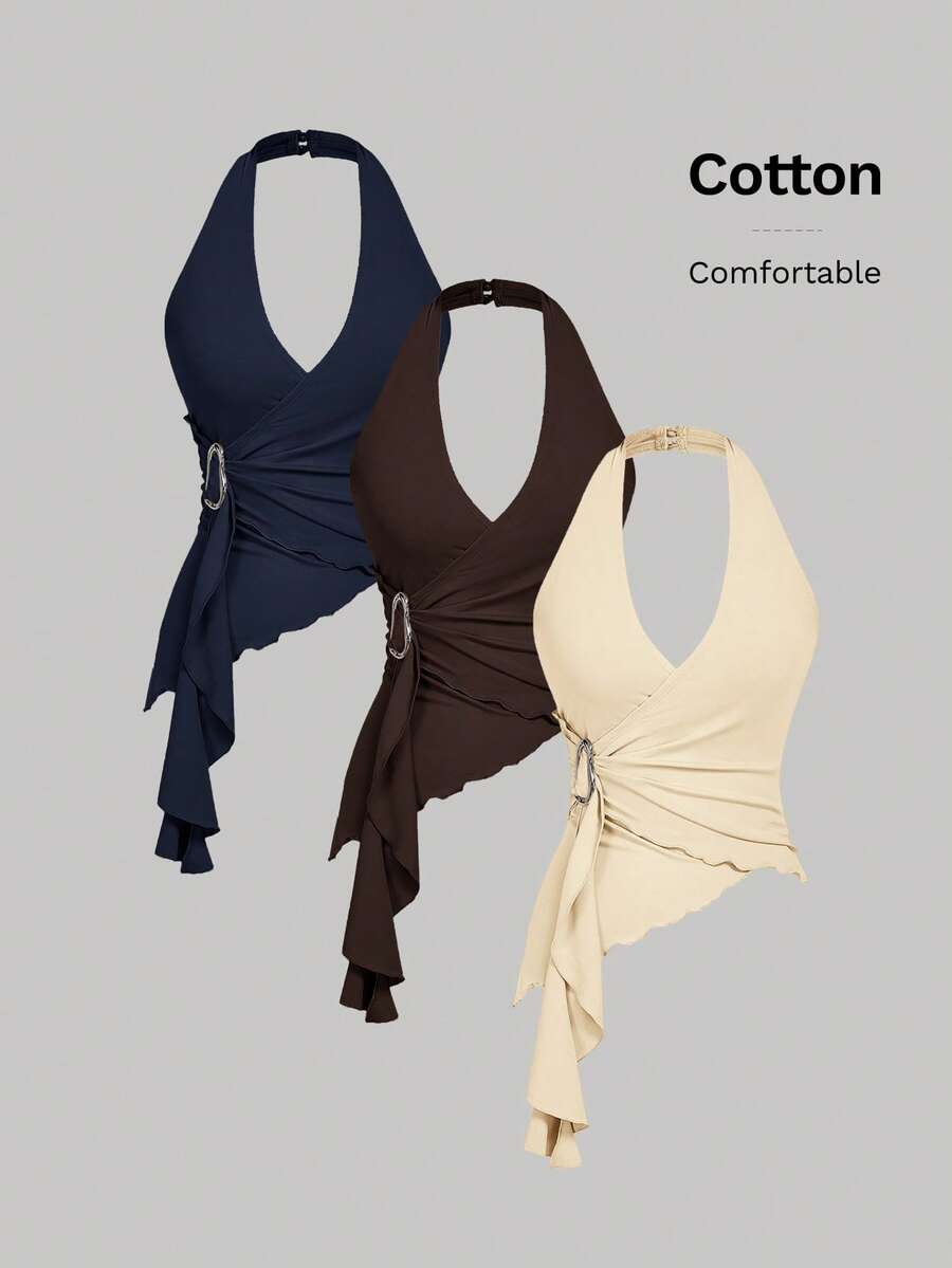 SHEIN MOD 3 món đồ thường ngày: Áo tank top ôm sát người, vạt bất đối xứng, khóa kim loại, màu trắng, kiểu yếm, áo trắng thanh lịch dành cho nữ. - Màu xanh hải quân - Xem 1