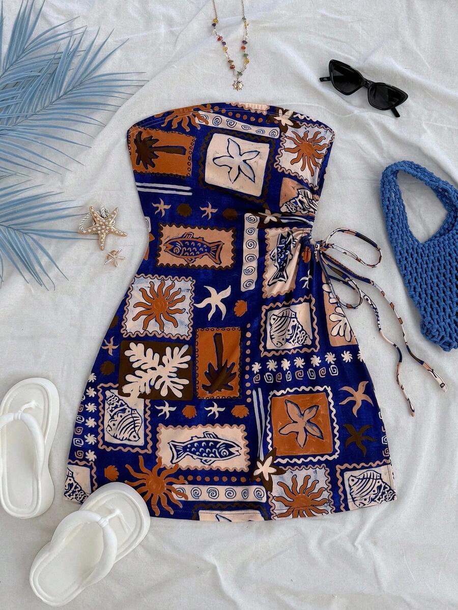 Soleia 大码棕榈树图案镂空抽绳腰部贴身连衣裙，度假风格，适合春夏季假期、约会、情人节下午茶 - 彩色 - 查看 1