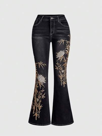 J-FASHION Chinese Style Bamboo Embroidery Women Flared Jeans