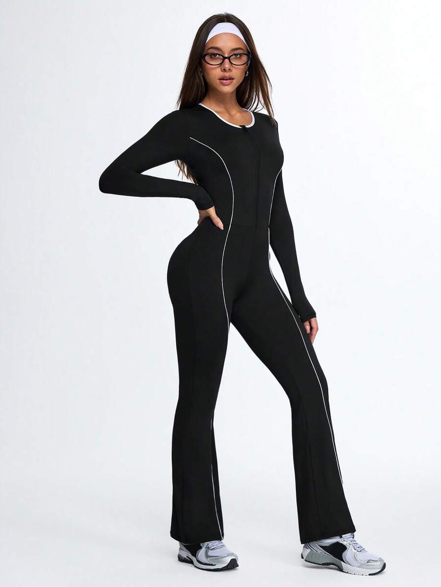 Eassivo Eassivo Women's Black Zip Front Long Sleeve Jumpsuit, Contrast Stitch Flare Leg Yoga Bodysuit, Stretch Fitness Activewear One Piece,Open Back Jumpsuit,Unitard Jumpsuit,Active Wear Jumpsuit,Pilates Jumpsuit - Black and White - View 1