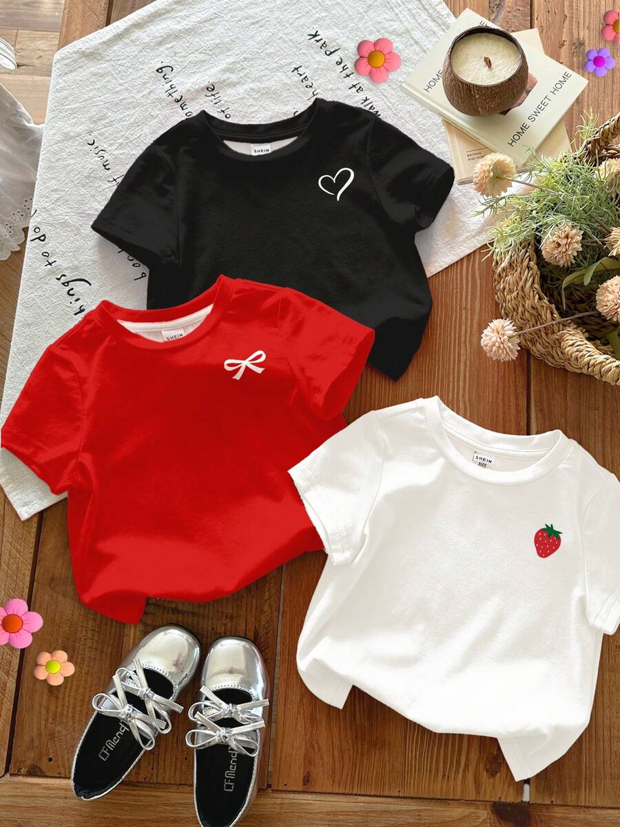 SHEIN 3pcs Young Girl Summer Red Satin School T-Shirt,Cute Bowknot & Strawberry Print Round Neck Short Sleeve Basic Tee,Casual Versatile Comfortable Chic - Multicolor - View 1