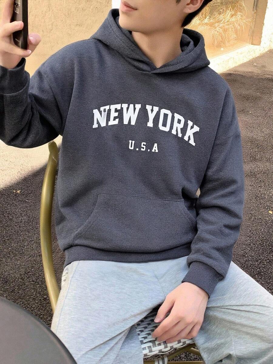 SHEIN 青少年男童休闲纯色浅灰色宽松连帽卫衣，带抽绳 - 深灰色 - 查看 1