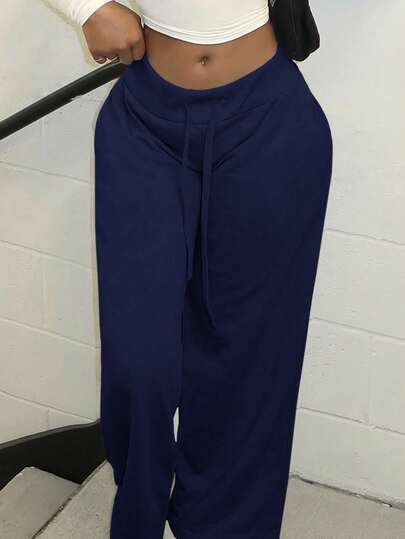 Alexandranx Comfortable And Casual Plain Knitted Low-Rise Wide-Leg Women's Sweatpants Navy Blue Pants,Fall Clothes For Women Lounge Pants Satin Pants Wide Leg Pants Drawstring Pants