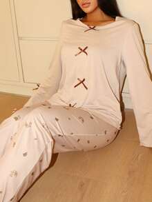 SHEIN Dampyjamaset med långärmad topp och byxor, rosettdekoration - Aprikos - Visa 4
