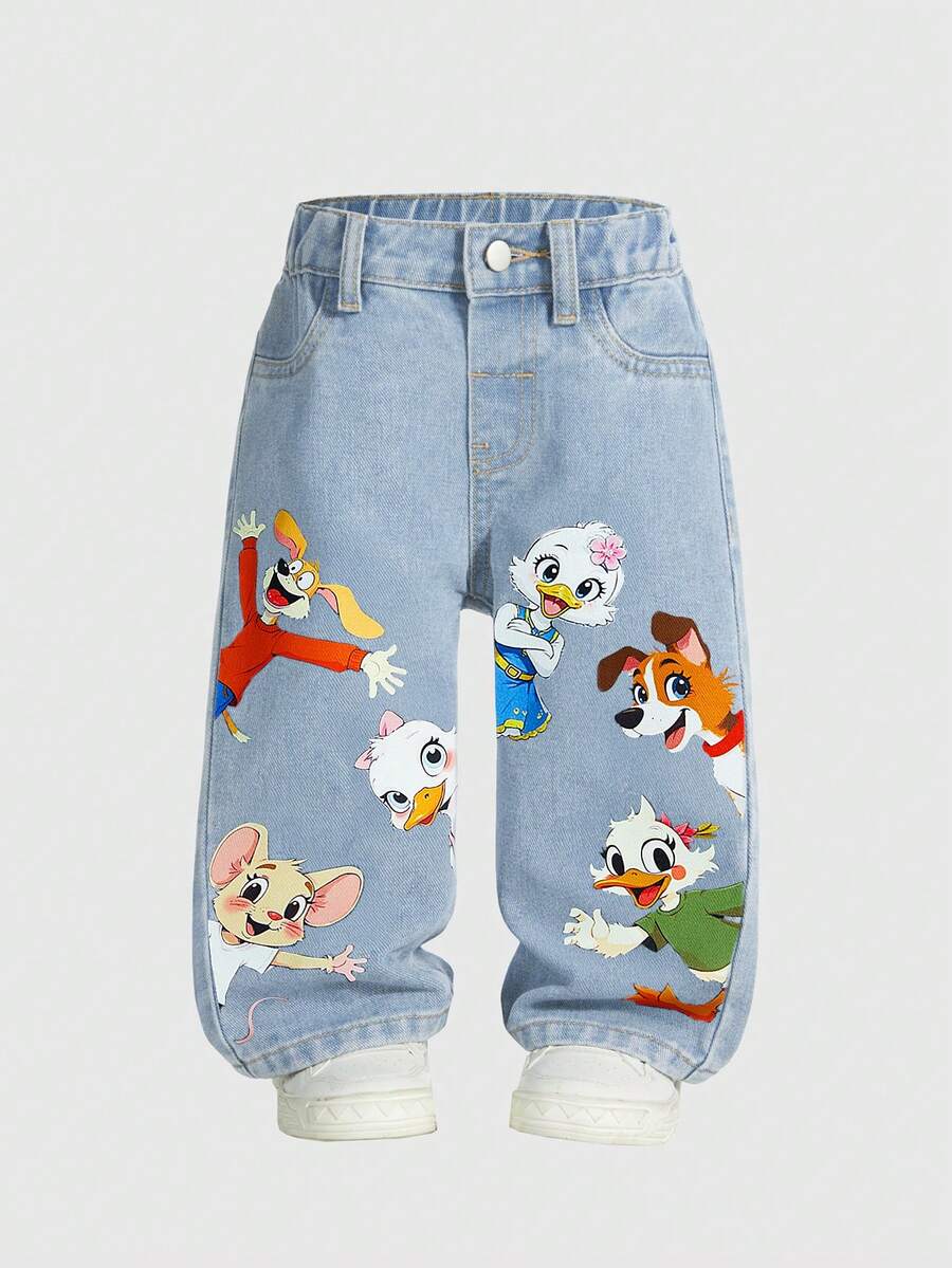 SHEIN Quần jean ống đứng dáng rộng màu xanh nhạt họa tiết động vật dễ thương dành cho bé gái mới biết đi, phù hợp mặc hàng ngày và mùa tựu trường - Rửa nhẹ - Xem 1