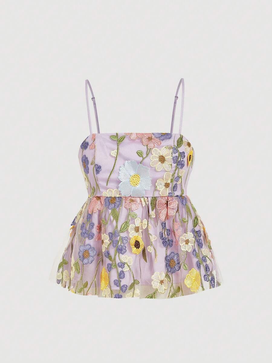 SHEIN MOD 女士花卉刺绣网纱荷叶边吊带背心