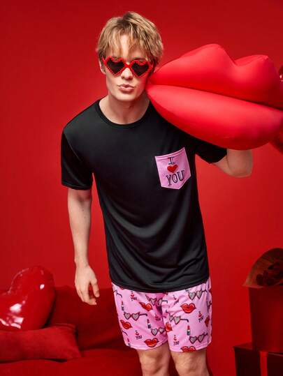 NotGurli Conjunto de pijama con estampado divertido y lindo de San Valentín para hombres, primavera/verano