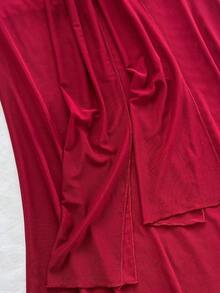 Soleia Women's Romantic Vacation Rose Textured Fabric Patchwork Mesh Bustier Top And Mesh Draped Tie Waist Maxi Skirt Set, Casual, Date Night, Nightclub, Afternoon Tea, Beach, Cruise, City Vacation, Music Festival, Party, Boho, Music Festival, Hippie, Western, Daily Commute, Red Skirt Set, Rose Set - Burgundy - View 4