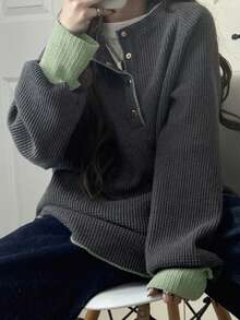 FRIFUL Women's Contrast Color Half-Placket Long Sleeve Loose Shirt