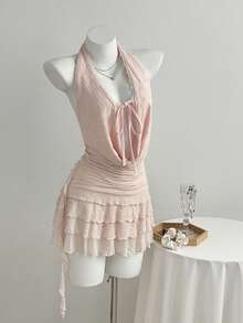 Elamini Robe décontractée élégante et sexy pour femmes, en maille et dentelle, avec bretelles nouées, col drapé profond, tissu texturé, ourlet à volants, robe patineuse - Rose bonbon - Voir 6