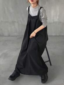 FRIFUL Women's Pleated Solid Color Maxi Pinafore Dress Sundress - Black - View 7