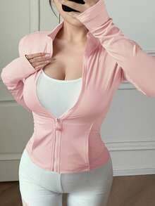 DAZY Áo khoác cardigan nữ dáng regular fit màu hồng, chất liệu cotton, thích hợp mặc tập thể dục mùa xuân. - Hồng - Xem 4