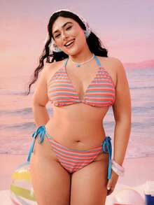 Swim Mod 大码女士条纹挂脖比基尼套装，适合夏季海滩穿着，坦克背心式比基尼 - 粉色 - 查看 7