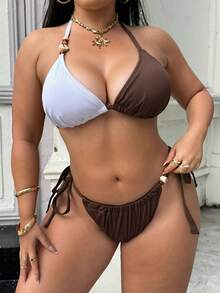 Swim SXY 夏季海滩度假新款泳衣套装，撞色不对称性感三角罩杯比基尼套装，性感两件式泳衣，舒适纹理面料泳衣套装，大码泳衣套装 - 彩色 - 查看 3