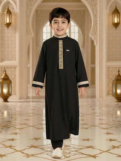 Tween Boy Phnom Penh Splicing Casual Black Robe Shirt, Can Pair With Pants Thobe For Boys Kids Thobes Kids Muslim Clothes Kids Black Abaya Kurta For Boys Boys Thobe Kids Black Thobe Kameez For Boys Black Kurta For Boys Kids Abaya