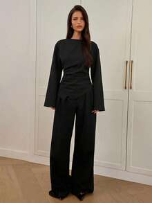 Aloruh Women's Autumn/Winter New Stylish Commuter Waist Ruched Asymmetric Hem Long Flare Sleeve V-Neck Pullover Blouse Spring - Black - View 4