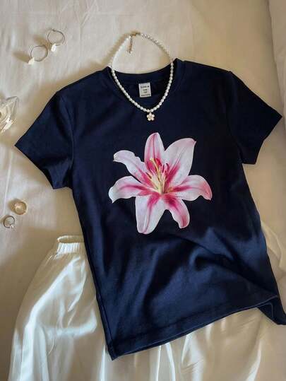 Tween Girls' Floral Print Round Neck Short Sleeve Casual Versatile T-Shirt