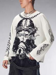 ROMWE MEN Men's Letter Print Loose Fit Round Neck Drop Shoulder Long Sleeve T-Shirt - White - View 4