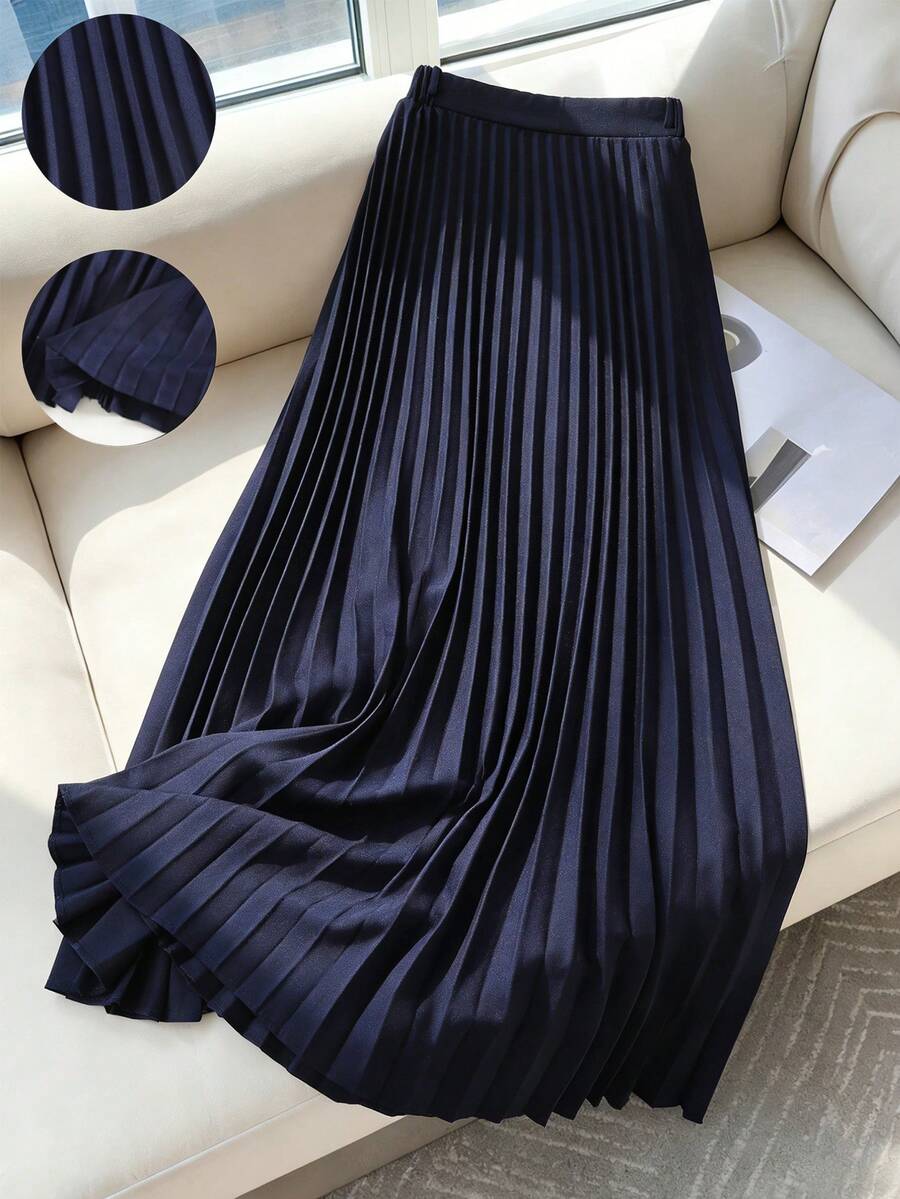 SHEIN Chân váy midi/maxi xếp ly màu xanh hải quân thanh lịch dành cho nữ tuổi teen, đa năng và mang phong cách cổ điển. - Xanh đậm - Xem 1