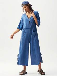 Bohemela Mono de mujer holgado de punto con cuello en V, lavado, estilo casual para vacaciones de verano, Día de San Valentín, festivales de música, estilo bohemio