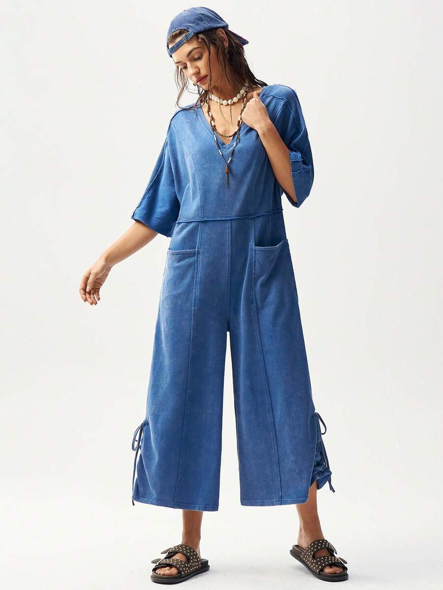 Bohemela 夏季波西米亚风度假情人节音乐节休闲针织V领宽松水洗女式连体裤 - 藍色 - 查看 1