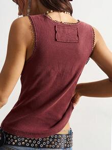 Bohemela Áo tank top nữ dệt kim không tay cổ tròn, màu trơn, dáng ôm, thêu họa tiết, phong cách thường ngày. - Cà phê nâu - Xem 7