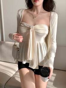 DAZY 2件套女士纯色休闲扭结吊带背心和开衫套装 - 杏色 - 查看 2