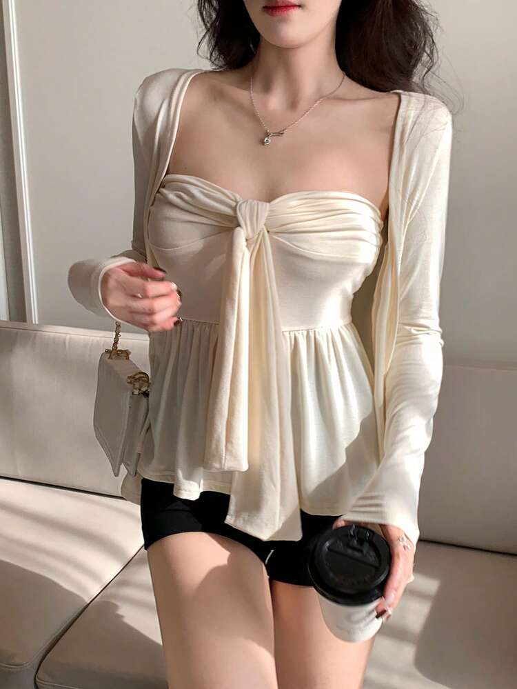 2pcs Women Solid Color Casual Twist Camisole And Cardigan Set