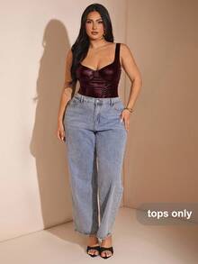 SHEIN BAE Plus Size Women Summer/Autumn PU Bustier Bodysuit - Burgundy - View 6