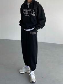 DAZY Men's Letter Print Thermal Lined Pullover Pullover Sweatshirt Set, Autumn/Winter