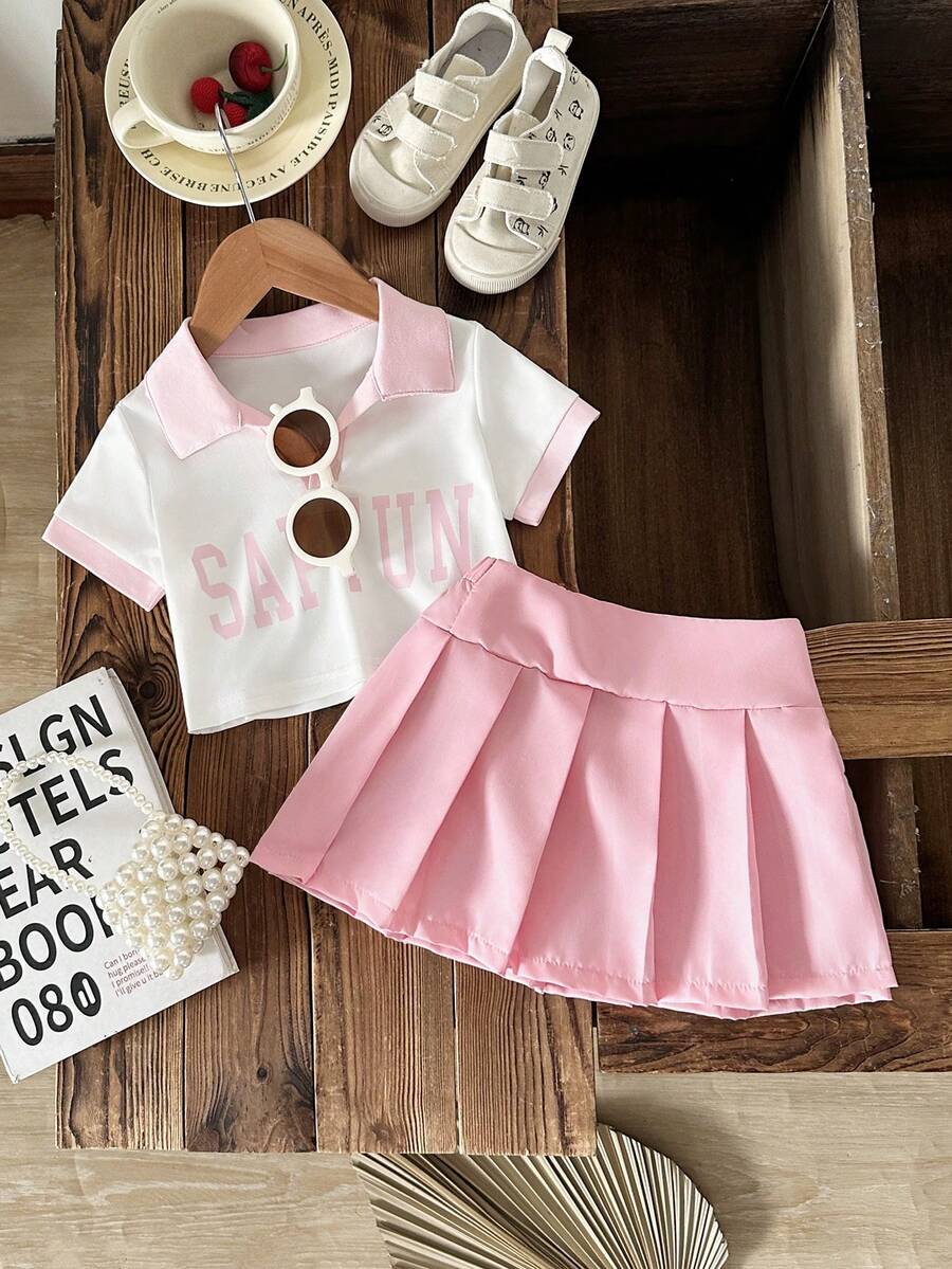 Souflis Souflis 2pcs Baby Girl Pink Summer Cute Back-To-School Outfit,Newborn 0-3 Years Old Casual Sporty V-Neck Polo Collar Short Sleeve Tee Shirt And Pleated Skirt - Pink - View 1