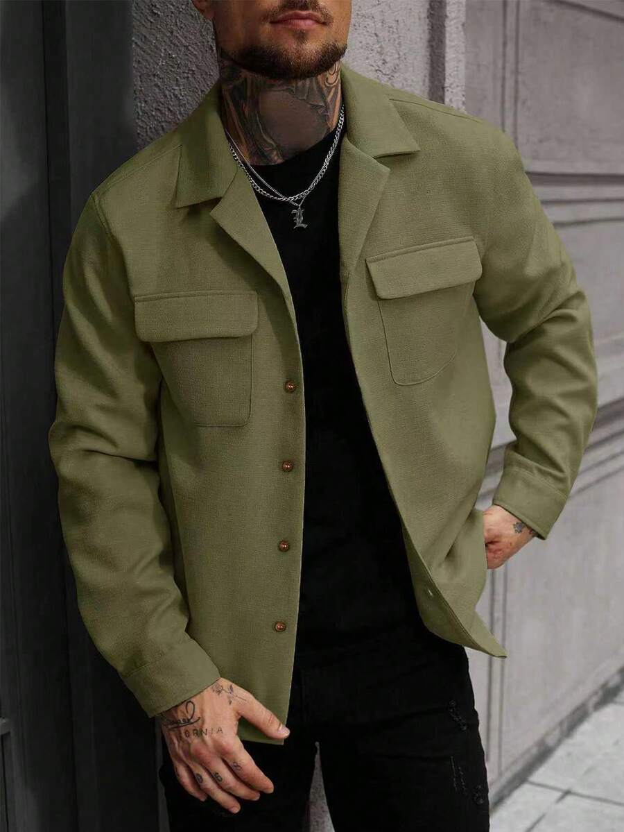 Manfinity CasualCool 男士纯色插肩袖休闲衬衫式上衣 - 綠色 - 查看 1