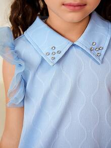 Young Girls' Elegant Vintage Style Dress, Made Of Soft Wavy Textured Fabric In Light Colors, Featuring A Collared Neckline With Delicate Trim Accents, Short Sleeves With Fluffy White Decor, Relaxed Fit Design For Comfortable Everyday Wear, Suitable For Family Gatherings, Children's Tea Parties Or Casual Outings, Medium-Weight Fabric For Spring/Summer - White - View 5