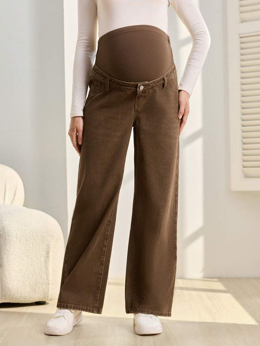 SHEIN Adjustable Waist Straight-Leg Maternity Jeans, Casual Everyday Wear - Brown - View 1