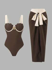 Swim Oasis 2026 Spring/Summer Women's Beach Vacation Casual Vintage Luxury Contrast Color Metal Shell Decor Backpack Shell Cup One Piece Swimsuit & Wrap-Around Skirt High-End 2-Piece Set - Brown - View 5