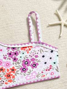 Sparklyn 女童碎花泳衣套装，含罩衫和裙子，夏季海滩 - 紫色 - 查看 3