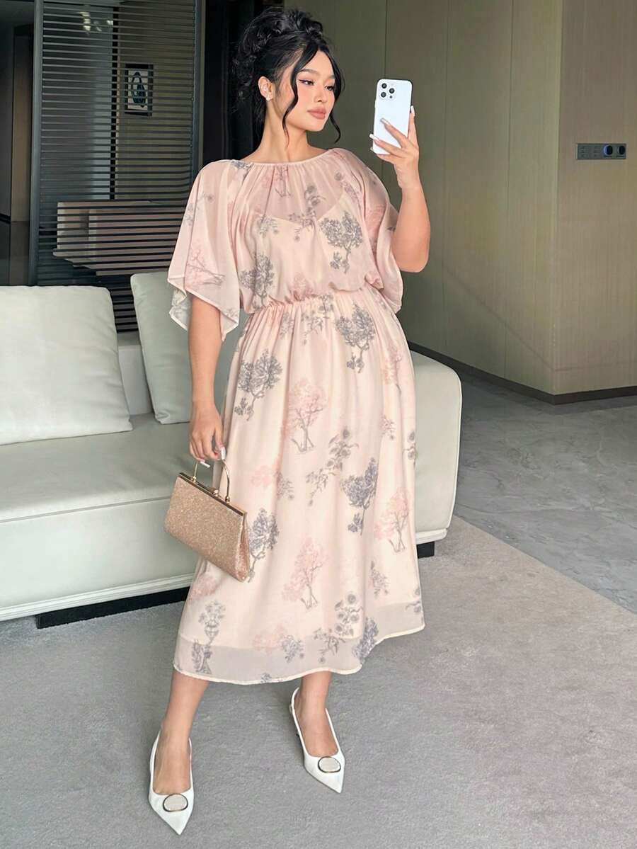 Dazy Plus Floral Print Elastic Waist Chiffon Maxi Dress, Elegant Vacation Style, Plus Size For Women, Spring/Summer